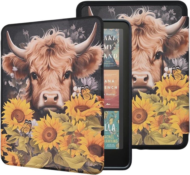 Tpacc Case for All-New Kindle Paperwhite 12th Gen, 2024 and Kindle Colorsoft Signature Edition, Lightweight PU Leather Cover with Auto Sleep Wake Hand Strap, Highland Cow with Flower - Image 1